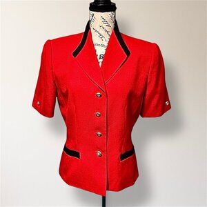 Vintage Kasper 6 Red Black Trim Cropped Blazer Jacket Gold Buttons 90s Office